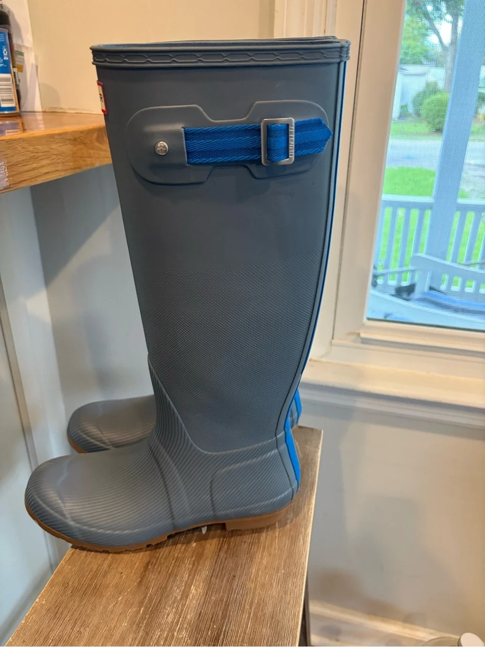 Hunter Original Stripe tall Rain Boots new gray blue